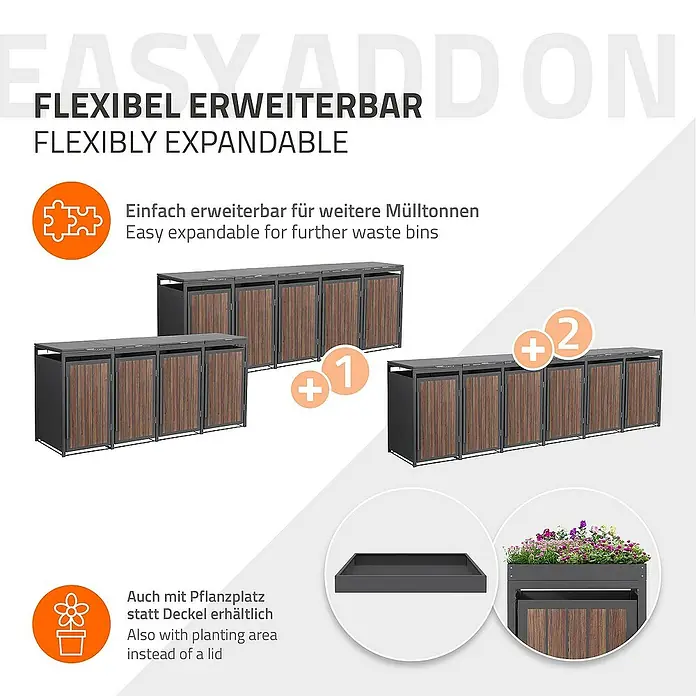ML-Design Mülltonnenbox Mülltonnencontainer mit Klappdeckel/Tür für 4 Tonne 120 oder 240 Liter - Stahl, Eiche dunkel, Geeignet für Anzahl Mülltonnen: 4 Stk. - Das Bild zeigt erweiterbare Mülltonnenboxen mit optionalem Pflanzbereich anstelle eines Deckels.