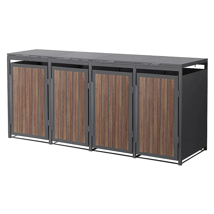 ML-Design Mülltonnenbox Mülltonnencontainer mit Klappdeckel/Tür für 4 Tonne 120 oder 240 Liter - Stahl, Eiche dunkel, Geeignet für Anzahl Mülltonnen: 4 Stk. - Abfalltrennsystem mit Holzfronten und grauem Rahmen. Ideal für die Mülltrennung im Außenbereich, robust und stilvoll.