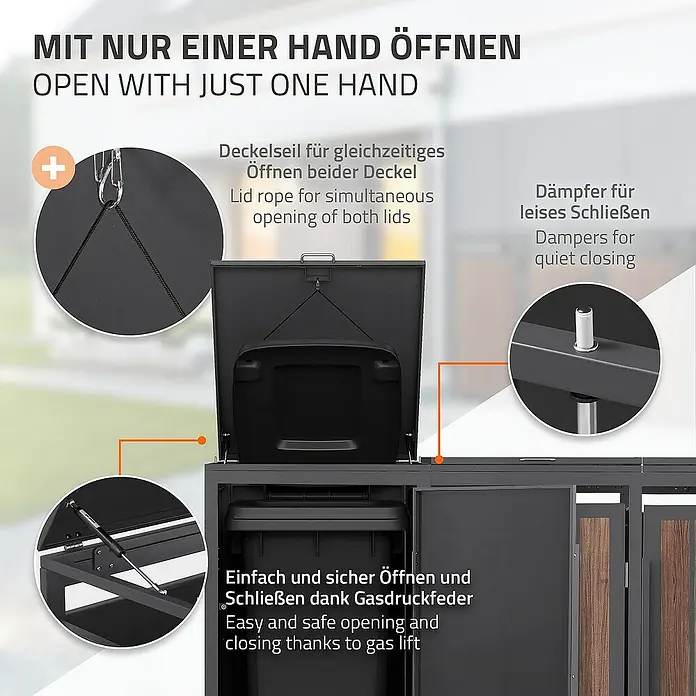 ML-Design Mülltonnenbox Mülltonnencontainer mit Klappdeckel/Tür für 4 Tonne 120 oder 240 Liter - Stahl, Eiche dunkel, Geeignet für Anzahl Mülltonnen: 4 Stk. - Mülltonnenbox mit Gasdruckfeder und Deckelseil zum einfachen Öffnen mit einer Hand und Dämpfern für leises Schließen.
