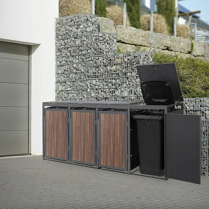 ML-Design Mülltonnenbox Mülltonnencontainer mit Klappdeckel/Tür für 4 Tonne 120 oder 240 Liter - Stahl, Eiche dunkel, Geeignet für Anzahl Mülltonnen: 4 Stk. - Die Mülltonnenbox bietet Platz für drei Mülltonnen, ordentlich und aufgeräumt im Außenbereich.