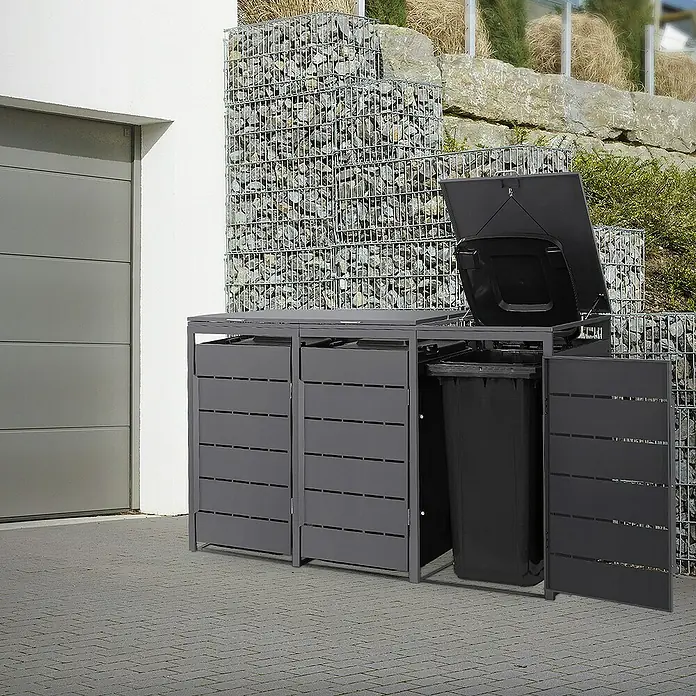 ML-Design Mülltonnenbox Mülltonnencontainer mit Klappdeckel/Tür für 3 Tonne 120 oder 240 Liter - 80 x 80 cm, Stahl, Anthrazit, Geeignet für Anzahl Mülltonnen: 3 Stk. - Mülltonnenbox aus Metall in Anthrazit für drei Mülltonnen im Außenbereich. Das Produkt ist langlebig und witterungsbeständig.