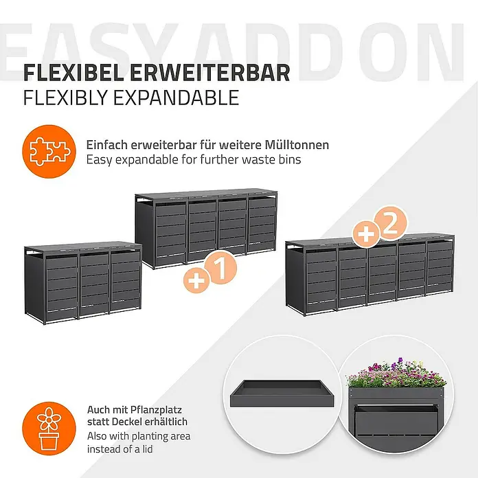 ML-Design Mülltonnenbox Mülltonnencontainer mit Klappdeckel/Tür für 3 Tonne 120 oder 240 Liter - 80 x 80 cm, Stahl, Anthrazit, Geeignet für Anzahl Mülltonnen: 3 Stk. - Produktbild: Erweiterbare Mülltonnenbox mit optionaler Bepflanzung für den Garten.