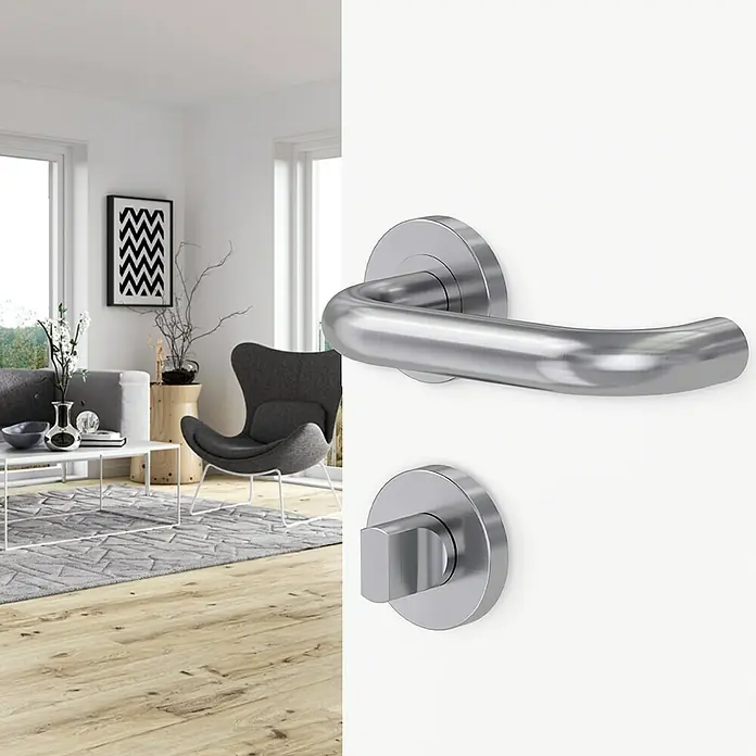 Diamond Doors Modern Drückergarnitur WC Vermont - Edelstahl, L-Form, Stärke Tür: 40 mm - 45 mm, Schlitzkopf/Olive - Elegante Edelstahl-Türgarnitur mit modernem Design. Perfekt für stilvolle Inneneinrichtung und einfache Bedienung, die Funktionalität und Ästhetik vereint.