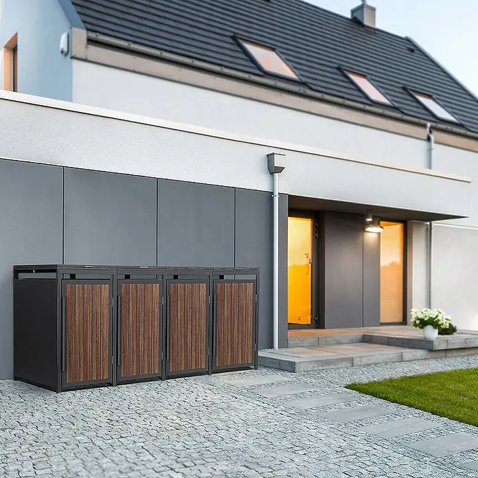ML-Design Mülltonnenbox Mülltonnencontainer mit Klappdeckel/Tür für 4 Tonne 120 oder 240 Liter - Stahl, Eiche dunkel, Geeignet für Anzahl Mülltonnen: 4 Stk. - Mülltonnenboxen mit Holzverkleidung vor einem modernen Haus. Die Boxen sind stilvoll und fügen sich gut in die Umgebung ein.