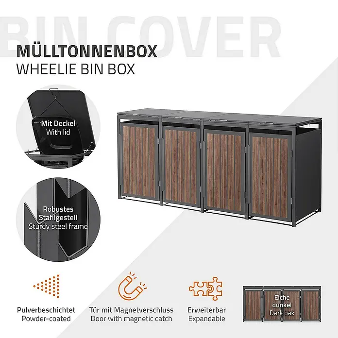 ML-Design Mülltonnenbox Mülltonnencontainer mit Klappdeckel/Tür für 4 Tonne 120 oder 240 Liter - Stahl, Eiche dunkel, Geeignet für Anzahl Mülltonnen: 4 Stk. - Bild einer Mülltonnenbox mit robustem Stahlrahmen und pulverbeschichteter Oberfläche, erweiterbar und mit Magnetverschluss.