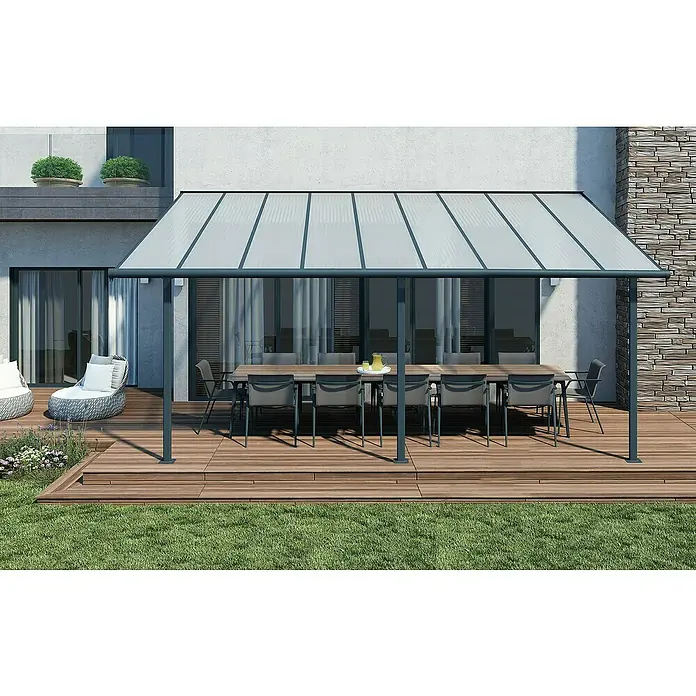 Palram – Canopia Terrassenüberdachung Sierra - B x T: 555 x 299 cm, Anthrazitgrau, Polycarbonat, Klar - Terrassenüberdachung mit Tisch und Stühlen. Die Überdachung schützt vor Sonne und Regen und bietet einen gemütlichen Platz im Freien.