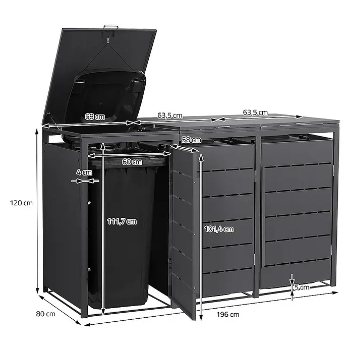ML-Design Mülltonnenbox Mülltonnencontainer mit Klappdeckel/Tür für 3 Tonne 120 oder 240 Liter - 80 x 80 cm, Stahl, Anthrazit, Geeignet für Anzahl Mülltonnen: 3 Stk. - Eine graue Wertstofftonne mit drei Fächern und den jeweiligen Abmessungen, um die Größe besser einschätzen zu können.
