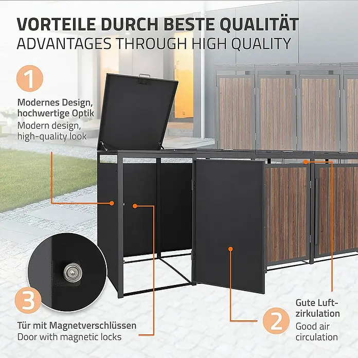 ML-Design Mülltonnenbox Mülltonnencontainer mit Klappdeckel/Tür für 4 Tonne 120 oder 240 Liter - Stahl, Eiche dunkel, Geeignet für Anzahl Mülltonnen: 4 Stk. - Bild einer Mülltonnenbox mit Vorteilen durch hohe Qualität, modernem Design, guter Luftzirkulation und Tür mit Magnetverschlüssen.