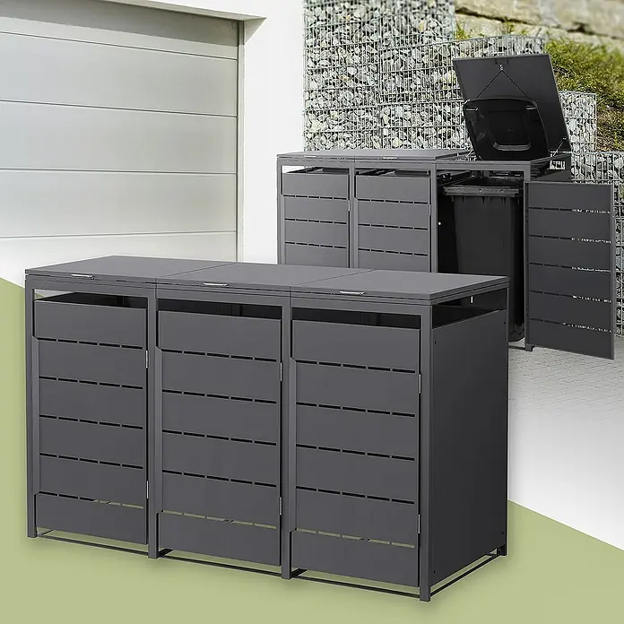 ML-Design Mülltonnenbox Mülltonnencontainer mit Klappdeckel/Tür für 3 Tonne 120 oder 240 Liter - 80 x 80 cm, Stahl, Anthrazit, Geeignet für Anzahl Mülltonnen: 3 Stk. - Abfallbehälter-Verkleidung aus Metall für drei Mülltonnen mit einer aufklappbaren Mülltonne im Hintergrund.