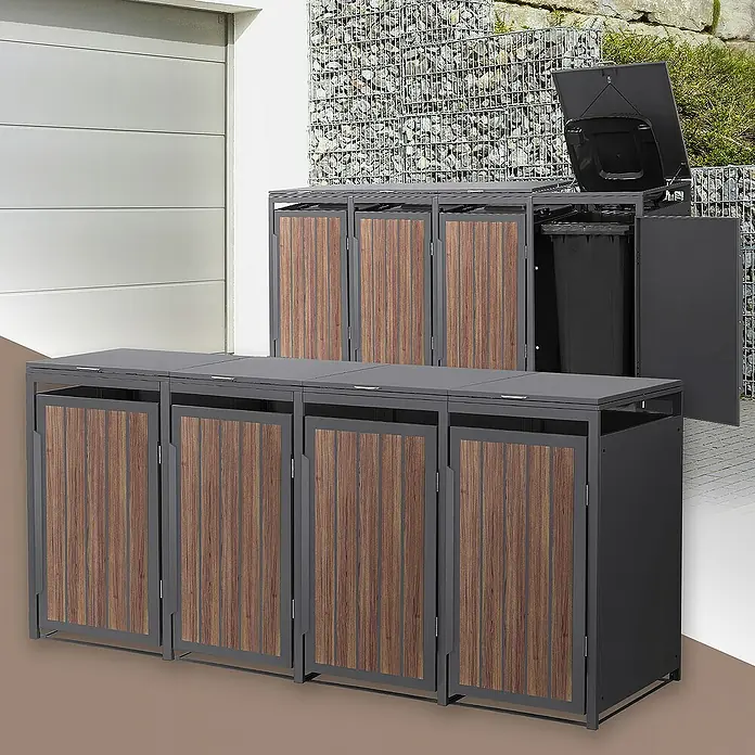 ML-Design Mülltonnenbox Mülltonnencontainer mit Klappdeckel/Tür für 4 Tonne 120 oder 240 Liter - Stahl, Eiche dunkel, Geeignet für Anzahl Mülltonnen: 4 Stk. - Mülltonnenboxen für den Außenbereich mit Holzpaneelen und Metallrahmen zur stilvollen Müllentsorgung im Garten.