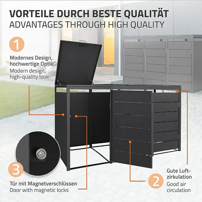 ML-Design Mülltonnenbox Mülltonnencontainer mit Klappdeckel/Tür für 3 Tonne 120 oder 240 Liter - 80 x 80 cm, Stahl, Anthrazit, Geeignet für Anzahl Mülltonnen: 3 Stk. - Bild einer grauen Mülltonnenbox mit magnetischen Türschlössern und guter Luftzirkulation.