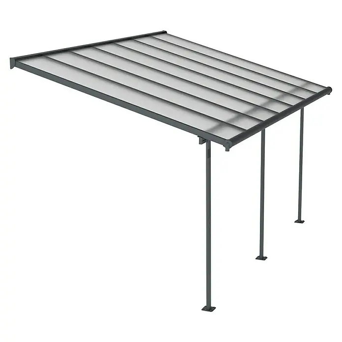 Palram – Canopia Terrassenüberdachung Sierra - B x T: 434 x 299 cm, Anthrazitgrau, Polycarbonat, Klar - Das Bild zeigt ein modernes Vordach mit grauen Streben und einer transparenten Überdachung, ideal für den Eingangsbereich.