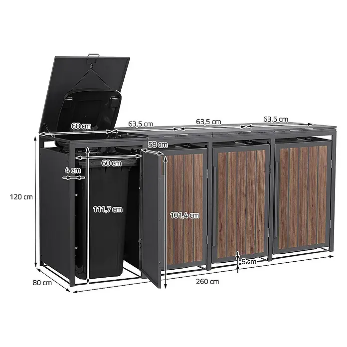 ML-Design Mülltonnenbox Mülltonnencontainer mit Klappdeckel/Tür für 4 Tonne 120 oder 240 Liter - Stahl, Eiche dunkel, Geeignet für Anzahl Mülltonnen: 4 Stk. - Bild eines Mülltonnenbox-Systems mit Abmessungen, das eine stilvolle und praktische Lösung für die Abfalltrennung bietet.