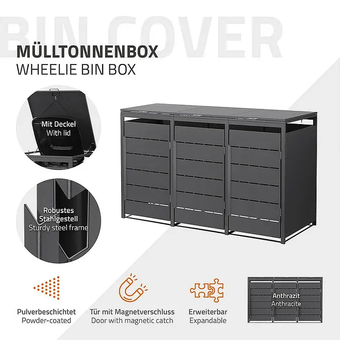 ML-Design Mülltonnenbox Mülltonnencontainer mit Klappdeckel/Tür für 3 Tonne 120 oder 240 Liter - 80 x 80 cm, Stahl, Anthrazit, Geeignet für Anzahl Mülltonnen: 3 Stk. - Produktbild einer anthrazitfarbenen Mülltonnenbox aus Stahl mit Deckel und Magnetverschluss. Die Box ist pulverbeschichtet und erweiterbar.