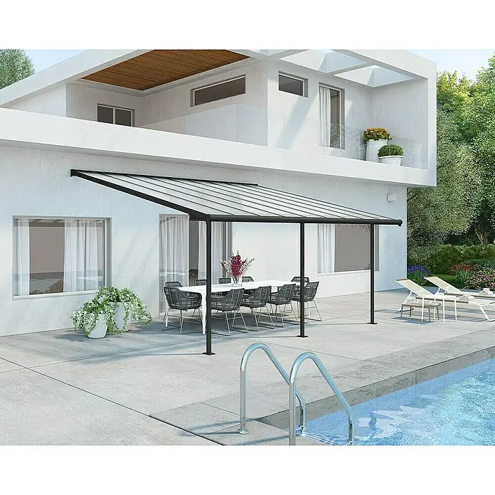 Palram – Canopia Terrassenüberdachung Sierra - B x T: 555 x 299 cm, Anthrazitgrau, Polycarbonat, Klar - Elegante Terrassenüberdachung mit schwarzem Rahmen und transparentem Dach, die stilvollen Schatten spendet. Ideal für Gartenpartys am Pool.