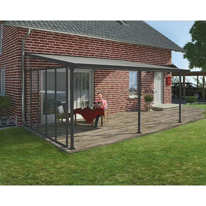 Solid Elements Seitenwand Martina - Passend für: Solid Elements Terrassenüberdachungen Martina 4 m Tiefe, Anthrazitgrau - Diese Abbildung zeigt eine Terrassenüberdachung mit Glaswänden, die einen gemütlichen Außenbereich schafft und vor Witterung schützt.