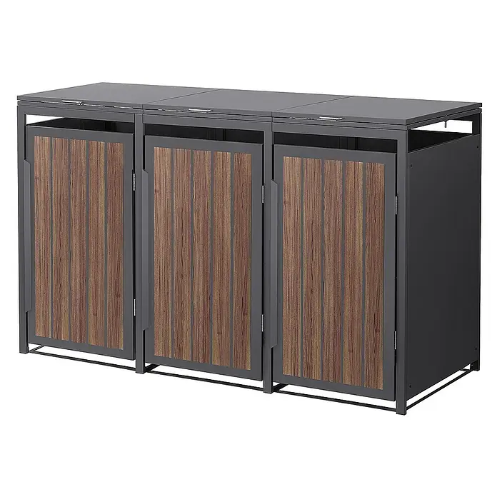 ML-Design Mülltonnenbox Mülltonnencontainer mit Klappdeckel/Tür für 3 Tonne 120 oder 240 Liter - Stahl, Eiche dunkel, Geeignet für Anzahl Mülltonnen: 3 Stk. - Das Bild zeigt einen Mülltonnenbox aus Metall mit drei Holztüren und einem grauen Deckel. Die Box dient zur stilvollen Aufbewahrung von Mülltonnen im Außenbereich.