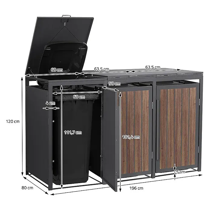 ML-Design Mülltonnenbox Mülltonnencontainer mit Klappdeckel/Tür für 3 Tonne 120 oder 240 Liter - Stahl, Eiche dunkel, Geeignet für Anzahl Mülltonnen: 3 Stk. - Eine Mülltonnenbox mit drei Fächern, davon eines mit geöffnetem Deckel, und Maßangaben in Zentimetern.