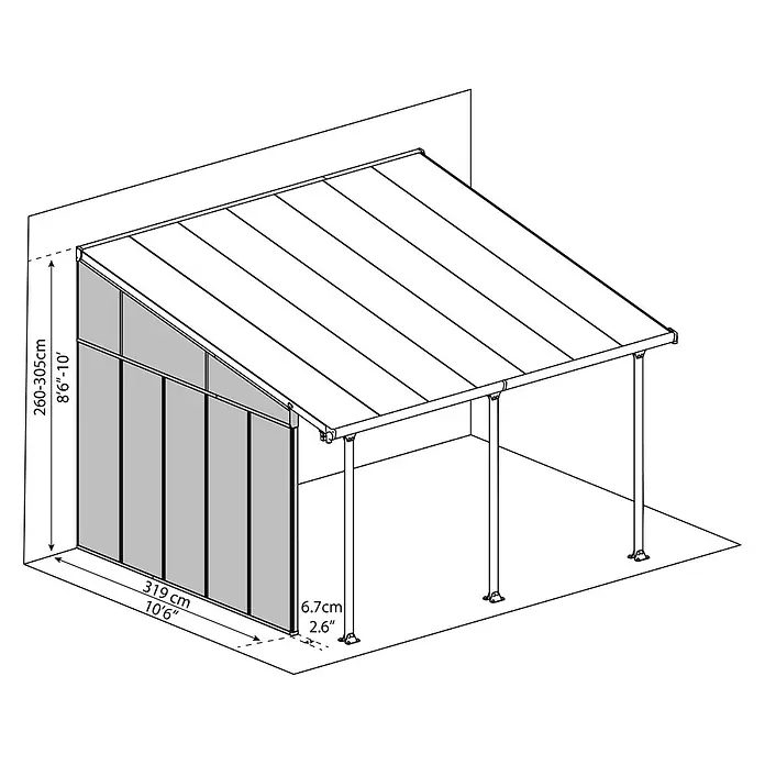Solid Elements Seitenwand Martina - Passend für: Solid Elements Terrassenüberdachungen Martina 4 m Tiefe, Anthrazitgrau - Bild einer Terrassenüberdachung mit Maßen. Die Überdachung hat eine Höhe von 260-305cm und eine Breite von 319cm.