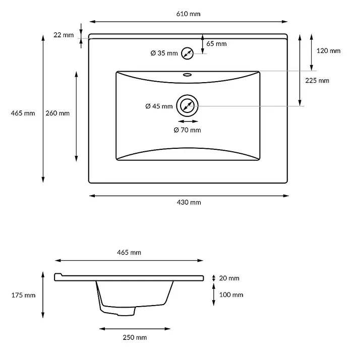 LuxeBath Einbauwaschbecken Waschschale Eckig 610x465x175 mm Weiß Spülbecken Aufsatzwaschtisch - Mit Überlauf, Weiß - Technische Zeichnung eines Waschtischs mit Maßangaben, inklusive Beckenposition, Hahnloch und Abmessungen für Installation.