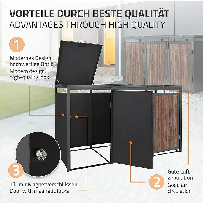 ML-Design Mülltonnenbox Mülltonnencontainer mit Klappdeckel/Tür für 3 Tonne 120 oder 240 Liter - Stahl, Eiche dunkel, Geeignet für Anzahl Mülltonnen: 3 Stk. - Das Bild zeigt eine Mülltonnenbox mit modernem Design, hochwertiger Optik, guter Luftzirkulation und Tür mit Magnetverschlüssen.