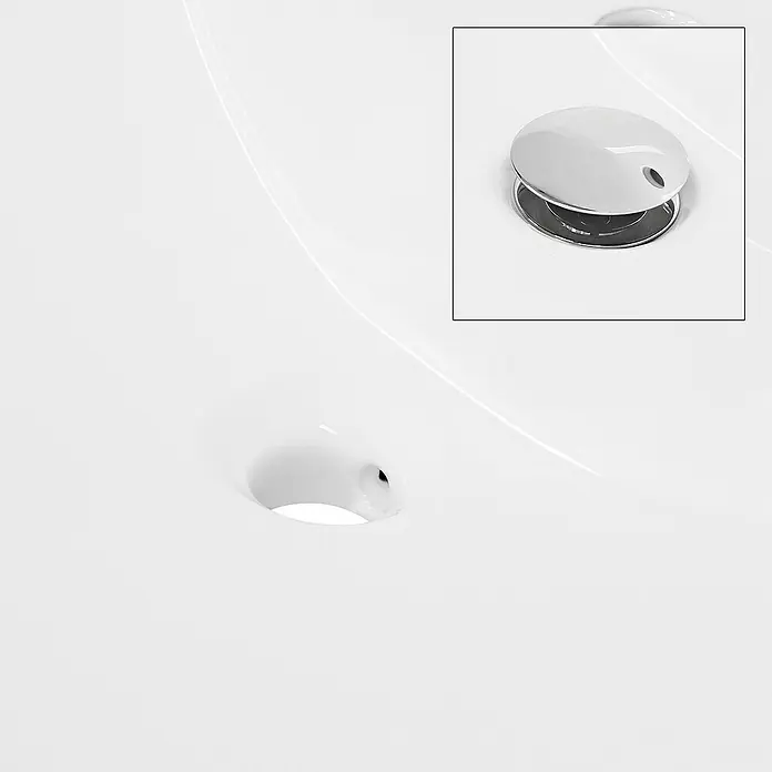 LuxeBath Einbauwaschbecken Waschschale Eckig 610x465x175 mm Weiß Spülbecken Aufsatzwaschtisch - Mit Überlauf, Weiß - Nahaufnahme eines modernen, weißen Waschbeckens mit verchromtem Abflussstopfen und klaren Linien.
