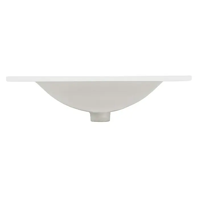 LuxeBath Einbauwaschbecken Waschschale Eckig 610x465x175 mm Weiß Spülbecken Aufsatzwaschtisch - Mit Überlauf, Weiß - Eine Nahaufnahme eines modernen, weißen Waschbeckens mit einem glatten, runden Design. Das Becken hat eine klare und minimalistische Ästhetik.
