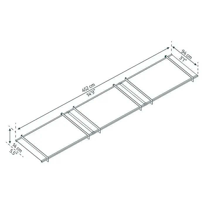 Palram – Canopia Pultvordach Nancy - 452 x 94 x 14 cm, Anthrazitgrau - Ansicht des Produkts mit den Maßen 452 cm Länge, 94 cm Breite und 14 cm Höhe.