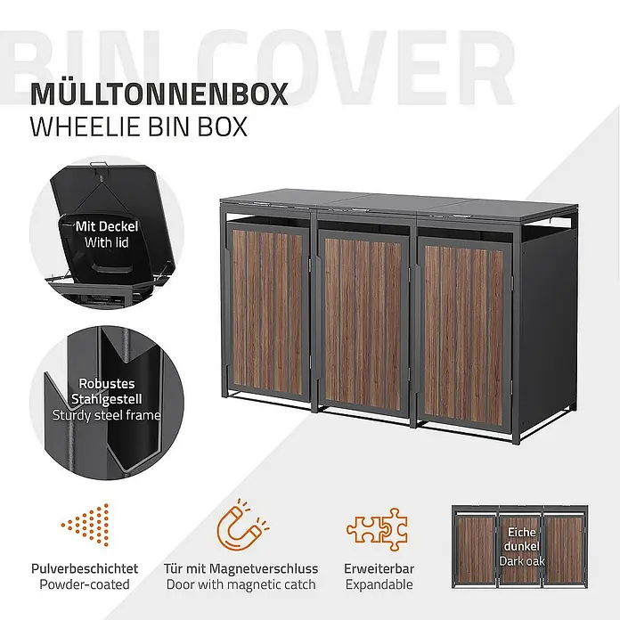 ML-Design Mülltonnenbox Mülltonnencontainer mit Klappdeckel/Tür für 3 Tonne 120 oder 240 Liter - Stahl, Eiche dunkel, Geeignet für Anzahl Mülltonnen: 3 Stk. - Bild einer Mülltonnenbox aus robustem Stahlgestell mit Deckel und magnetischem Türverschluss in dunkler Eiche Optik.