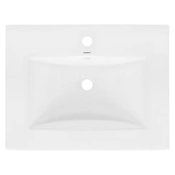 LuxeBath Einbauwaschbecken Waschschale Eckig 610x465x175 mm Weiß Spülbecken Aufsatzwaschtisch - Mit Überlauf, Weiß - Bild einer weißen Keramikspüle von LUXEBATH mit rechteckiger Form und zwei vorgebohrten Löchern für Armatur und Ablauf.