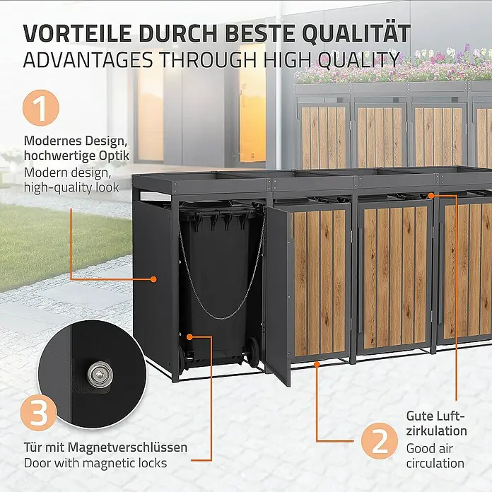 ML-Design Mülltonnenbox Mülltonnencontainer mit Pflanzdach für 4 Tonnen 120 oder 240 Liter - 80 x 80 cm, Stahl, Eiche hell, Geeignet für Anzahl Mülltonnen: 4 Stk. - Mülltonnenbox mit den Vorteilen wie hochwertiges Design, gute Luftzirkulation und Tür mit Magnetverschluss.