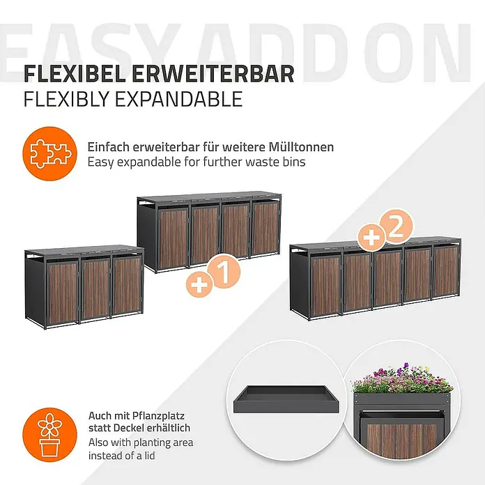 ML-Design Mülltonnenbox Mülltonnencontainer mit Klappdeckel/Tür für 3 Tonne 120 oder 240 Liter - Stahl, Eiche dunkel, Geeignet für Anzahl Mülltonnen: 3 Stk. - Das Bild zeigt einen flexibel erweiterbaren Mülltonnenständer mit Pflanzplatz statt Deckel, dargestellt in verschiedenen Konfigurationen.
