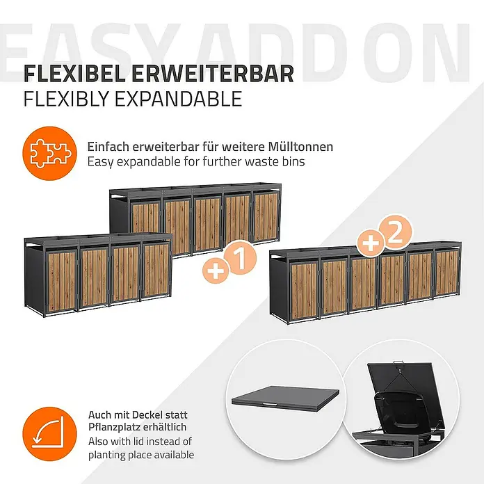 ML-Design Mülltonnenbox Mülltonnencontainer mit Pflanzdach für 4 Tonnen 120 oder 240 Liter - 80 x 80 cm, Stahl, Eiche hell, Geeignet für Anzahl Mülltonnen: 4 Stk. - Bild zeigt flexibel erweiterbare Mülltonnenboxen mit Holztüren, optional mit Deckel statt Pflanzplatz erhältlich.