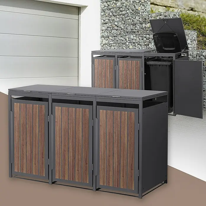 ML-Design Mülltonnenbox Mülltonnencontainer mit Klappdeckel/Tür für 3 Tonne 120 oder 240 Liter - Stahl, Eiche dunkel, Geeignet für Anzahl Mülltonnen: 3 Stk. - Mülltonnenboxen aus Metall und Holz, ideal für die stilvolle Aufbewahrung von Mülltonnen im Außenbereich. Robuste Bauweise und ansprechendes Design.