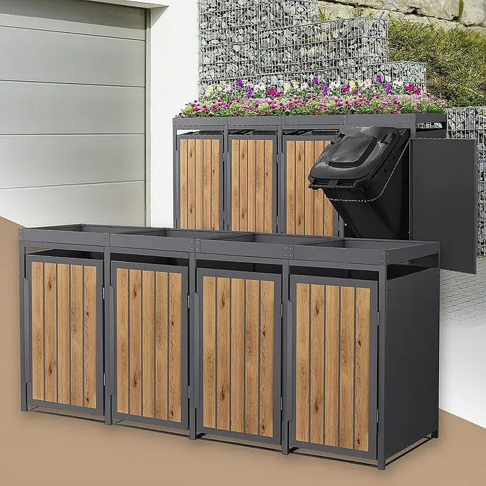 ML-Design Mülltonnenbox Mülltonnencontainer mit Pflanzdach für 4 Tonnen 120 oder 240 Liter - 80 x 80 cm, Stahl, Eiche hell, Geeignet für Anzahl Mülltonnen: 4 Stk. - Mülltonnenboxen aus Holz und Metall, mit Blumen bepflanzt, für eine stilvolle Müllentsorgung im Freien.