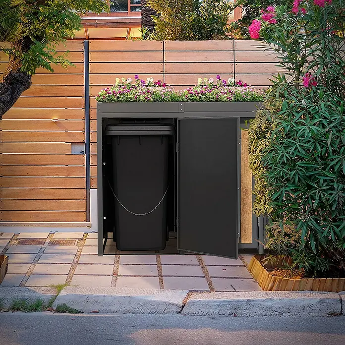 ML-Design Mülltonnenbox Mülltonnencontainer mit Pflanzdach für 4 Tonnen 120 oder 240 Liter - 80 x 80 cm, Stahl, Eiche hell, Geeignet für Anzahl Mülltonnen: 4 Stk. - Mülltonnenbox mit Pflanzkastenabdeckung, die eine stilvolle Lösung für die Mülltonnenaufbewahrung im Außenbereich bietet.