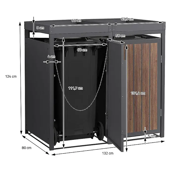 ML-Design Mülltonnenbox Mülltonnencontainer mit Pflanzdach für 2 Tonnen 120 oder 240 Liter - Stahl, Eiche dunkel, Geeignet für Anzahl Mülltonnen: 3 Stk. - Abbildung einer Mülltonnenbox mit Maßen, die eine detaillierte Ansicht der Produktabmessungen bietet.