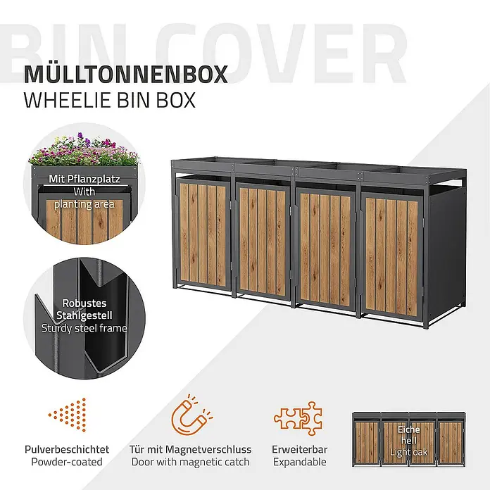 ML-Design Mülltonnenbox Mülltonnencontainer mit Pflanzdach für 4 Tonnen 120 oder 240 Liter - 80 x 80 cm, Stahl, Eiche hell, Geeignet für Anzahl Mülltonnen: 4 Stk. - Mülltonnenbox aus robustem Stahlgestell mit Pflanzplatz und Türen mit Magnetverschluss. In hellem Eichendekor und pulverbeschichtet.