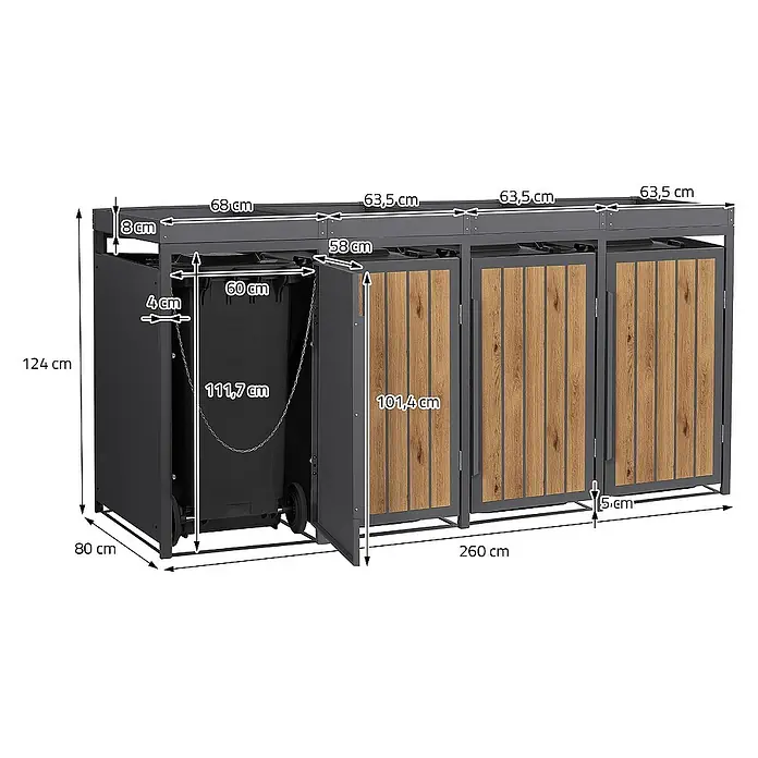ML-Design Mülltonnenbox Mülltonnencontainer mit Pflanzdach für 4 Tonnen 120 oder 240 Liter - 80 x 80 cm, Stahl, Eiche hell, Geeignet für Anzahl Mülltonnen: 4 Stk. - Mülltonnenbox mit Holzverkleidung und Maßangaben. Das Gehäuse ist für drei Mülltonnen ausgelegt und besteht aus Metall.