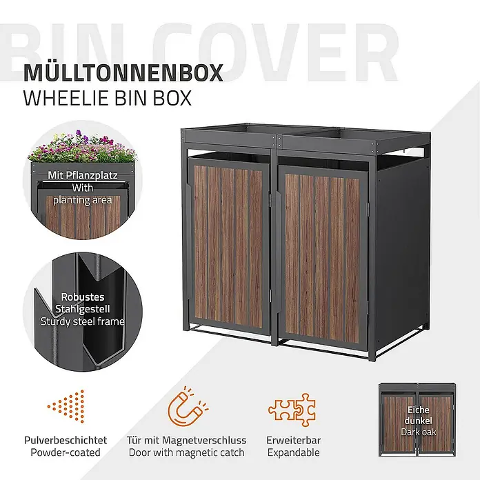 ML-Design Mülltonnenbox Mülltonnencontainer mit Pflanzdach für 2 Tonnen 120 oder 240 Liter - Stahl, Eiche dunkel, Geeignet für Anzahl Mülltonnen: 3 Stk. - Mülltonnenbox aus robustem Stahlgestell mit Pflanzplatz und Tür mit Magnetverschluss in dunkler Eiche Optik. Erweiterbar.