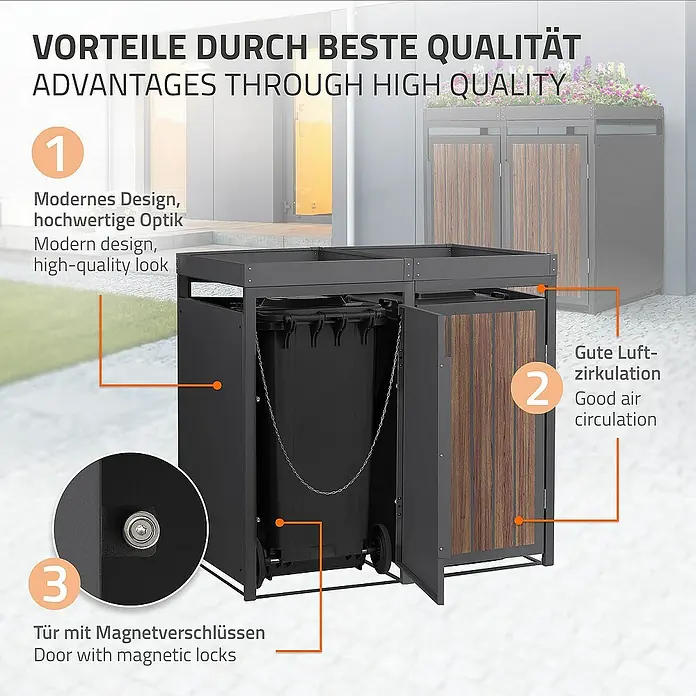 ML-Design Mülltonnenbox Mülltonnencontainer mit Pflanzdach für 2 Tonnen 120 oder 240 Liter - Stahl, Eiche dunkel, Geeignet für Anzahl Mülltonnen: 3 Stk. - Die Abfalltonnenbox bietet modernes Design, hohe Qualität, gute Luftzirkulation und Tür mit Magnetverschlüssen für zusätzlichen Komfort.