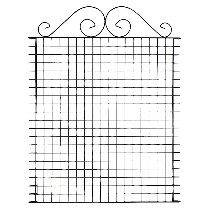 Bellissa Teichschutzzaun Ambiente - 76 x 95 cm - Abbildung eines stilvollen Metallgitters mit dekorativen Schnörkeln. Das Gitter hat eine dunkle Farbe und quadratische Muster.