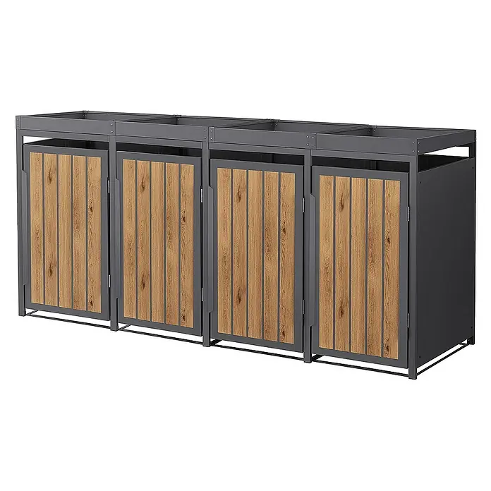 ML-Design Mülltonnenbox Mülltonnencontainer mit Pflanzdach für 4 Tonnen 120 oder 240 Liter - 80 x 80 cm, Stahl, Eiche hell, Geeignet für Anzahl Mülltonnen: 4 Stk. - Mülltonnenbox mit Holzverkleidung und grauem Metallrahmen, ideal für die stilvolle Aufbewahrung von Mülltonnen im Außenbereich.