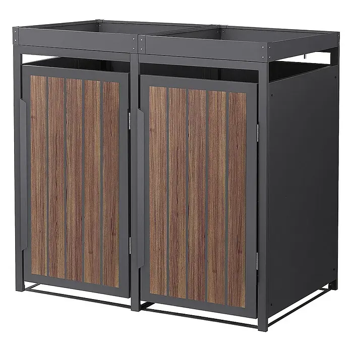 ML-Design Mülltonnenbox Mülltonnencontainer mit Pflanzdach für 2 Tonnen 120 oder 240 Liter - Stahl, Eiche dunkel, Geeignet für Anzahl Mülltonnen: 3 Stk. - Doppelter Mülltonnenschrank aus Metall mit Holzimitat-Türen für den Außenbereich. Robustes Design für zwei Mülltonnen.