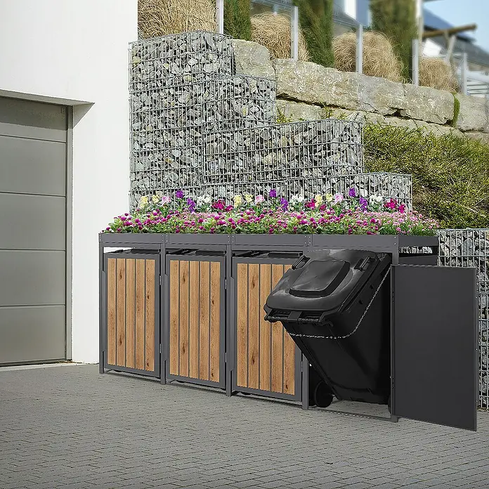 ML-Design Mülltonnenbox Mülltonnencontainer mit Pflanzdach für 4 Tonnen 120 oder 240 Liter - 80 x 80 cm, Stahl, Eiche hell, Geeignet für Anzahl Mülltonnen: 4 Stk. - Eine Mülltonnenbox mit Holztüren und Blumen auf dem Dach, die eine ästhetische Lösung für die Mülltonnenaufbewahrung bietet.