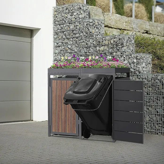 ML-Design Mülltonnenbox Mülltonnencontainer mit Pflanzdach für 2 Tonnen 120 oder 240 Liter - Stahl, Eiche dunkel, Geeignet für Anzahl Mülltonnen: 3 Stk. - Die Mülltonnenbox mit Pflanzkasten ist eine stilvolle Aufbewahrungslösung für Mülltonnen mit integriertem Pflanzkasten.