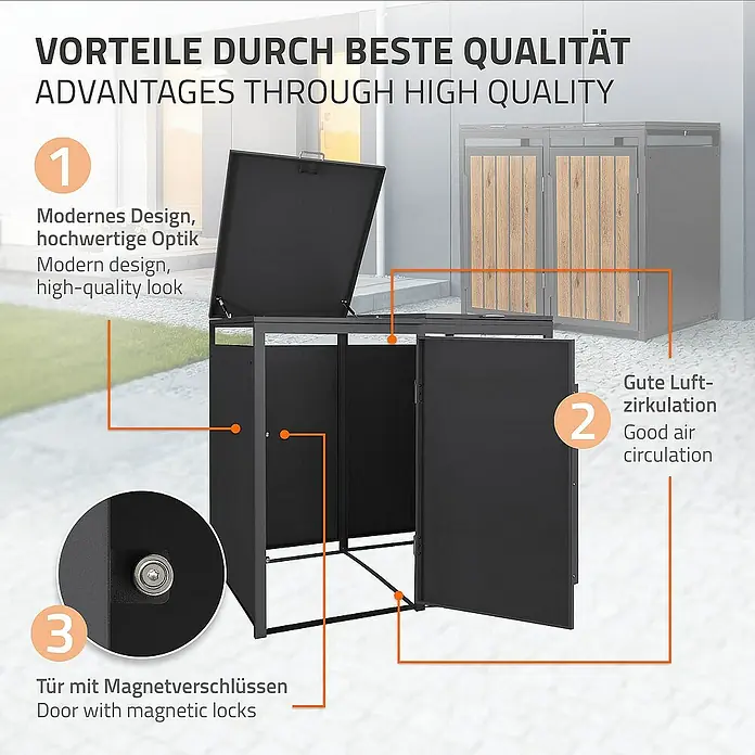 ML-Design Mülltonnenbox Mülltonnencontainer mit Klappdeckel/Tür für 2 Tonne 120 oder 240 Liter - Stahl, Eiche hell, Geeignet für Anzahl Mülltonnen: 2 Stk. - Diese Abbildung zeigt eine Mülltonnenbox mit modernem Design, guter Luftzirkulation und Tür mit Magnetverschlüssen.