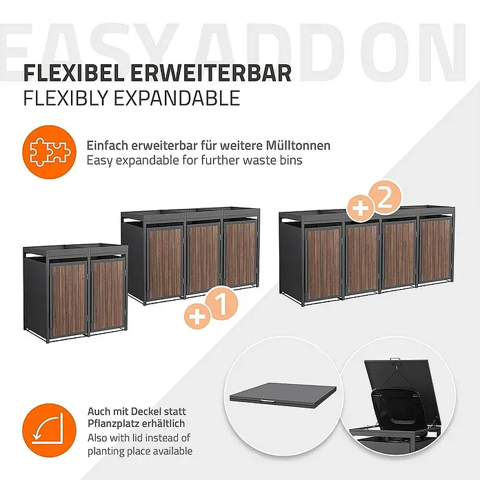 ML-Design Mülltonnenbox Mülltonnencontainer mit Pflanzdach für 2 Tonnen 120 oder 240 Liter - Stahl, Eiche dunkel, Geeignet für Anzahl Mülltonnen: 3 Stk. - Das Bild zeigt ein flexibles, erweiterbares Mülltonnen-System mit Holzverkleidung, das optional mit einem Deckel statt einer Pflanzfläche erhältlich ist.