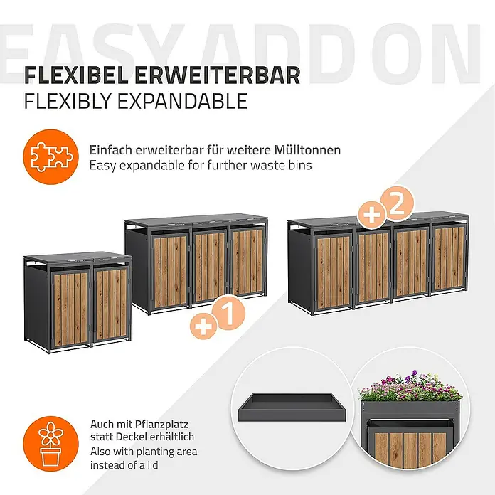 ML-Design Mülltonnenbox Mülltonnencontainer mit Klappdeckel/Tür für 2 Tonne 120 oder 240 Liter - Stahl, Eiche hell, Geeignet für Anzahl Mülltonnen: 2 Stk. - Produktbild eines flexibel erweiterbaren Mülltonnen-Containersystems mit optionalem Pflanzbereich anstelle eines Deckels.