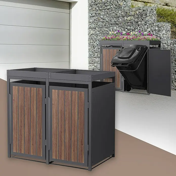 ML-Design Mülltonnenbox Mülltonnencontainer mit Pflanzdach für 2 Tonnen 120 oder 240 Liter - Stahl, Eiche dunkel, Geeignet für Anzahl Mülltonnen: 3 Stk. - Mülltonnenboxen zur stilvollen Aufbewahrung von Mülltonnen im Freien. Wetterfest, modernes Design mit Holzfronten und Pflanzkasten.
